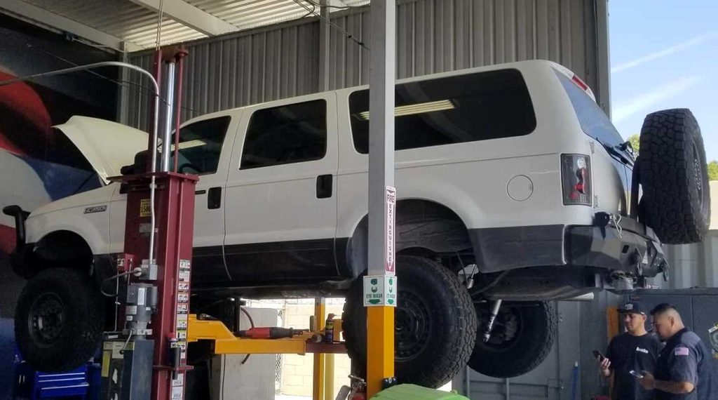 Ford Expedition on the lift in the Banks Install Bay