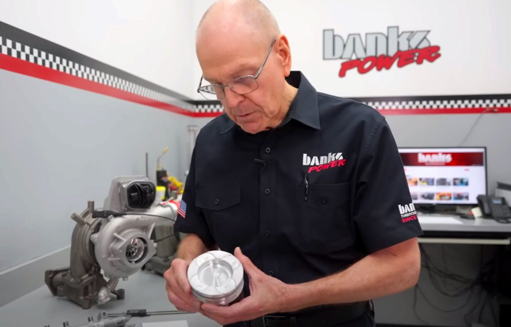Gale explains how the pistons on the 2024 Duramax are a similar design Banks racing engine piston design.
