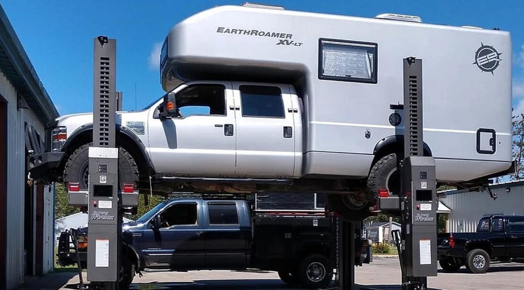 RV on the lift at Prime Diesel & Automotive
