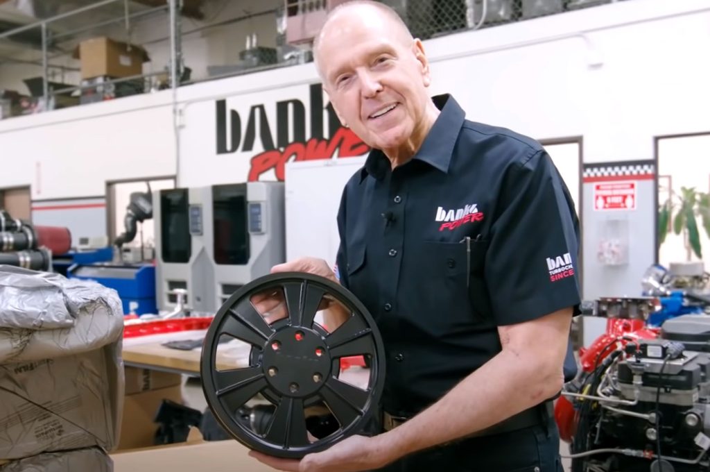 Gale shows off the custom 12-rib crank pulley component of the Whipple 3.8L