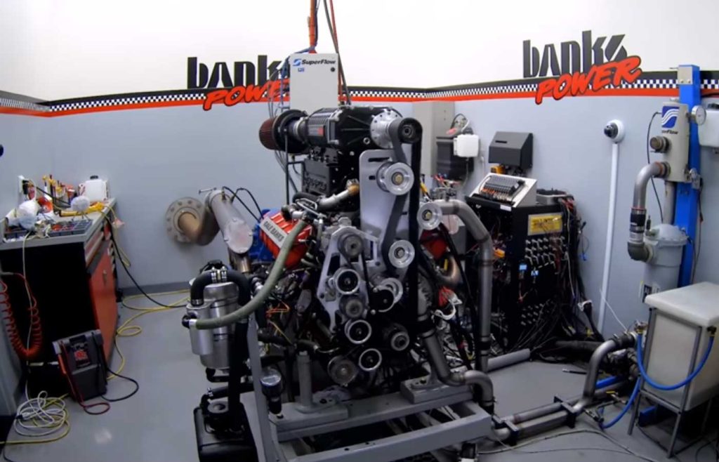 The Monster Truck Engine in the dyno cell at Banks gets up to 666 horsepower.
