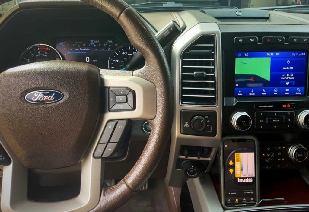 The interior of the Ford F-250 with added Ford performance from the PedalMonster.