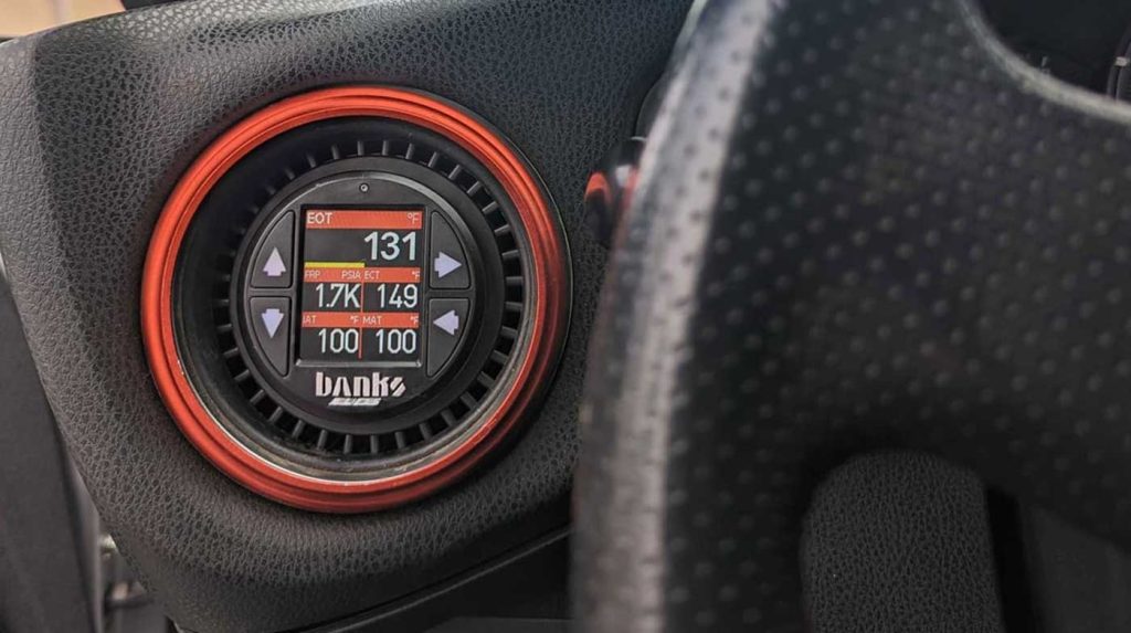 The iDash OBD-II monitor fits seamlessly into the Scion.