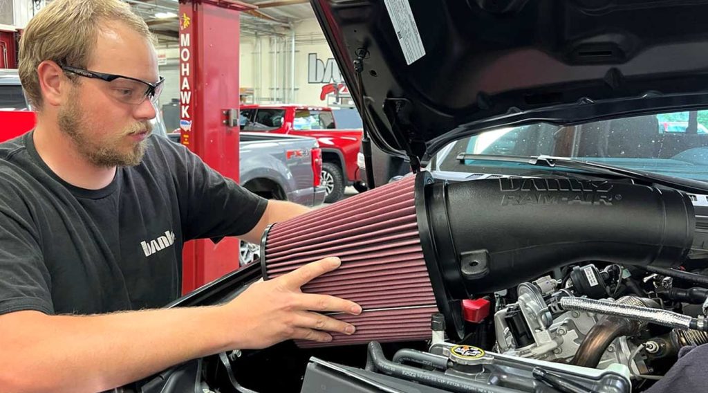 The 2023 Ford 6.7L gets fitted for a new Banks Ram-Air intake system.