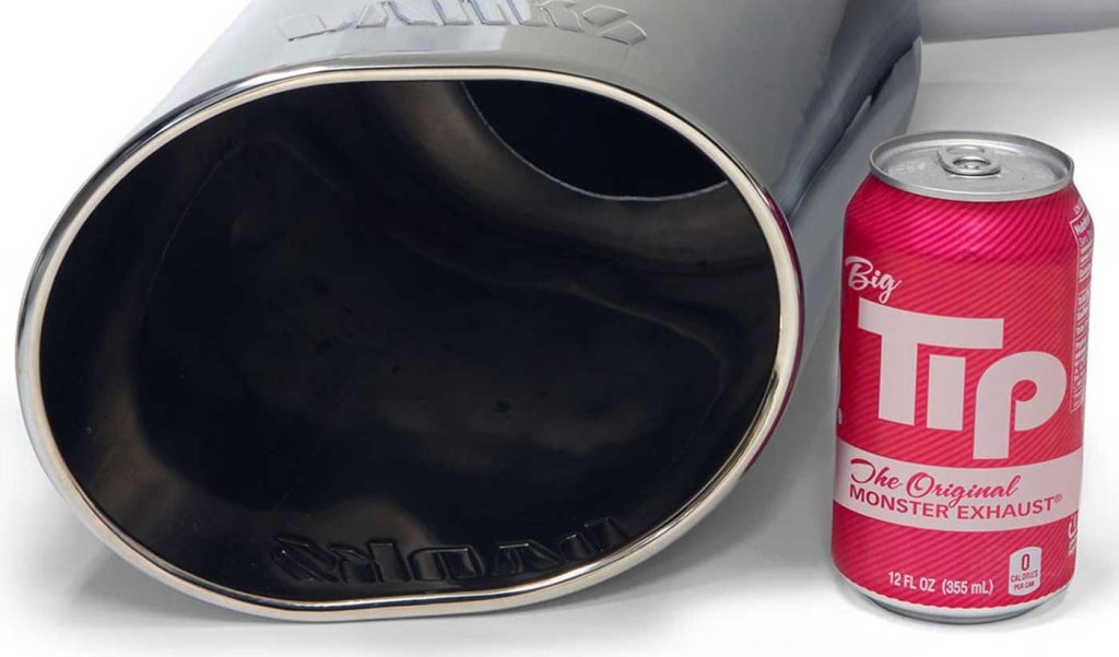 The 5" Monster Exhaust outlet compared to a soda can to show the size.