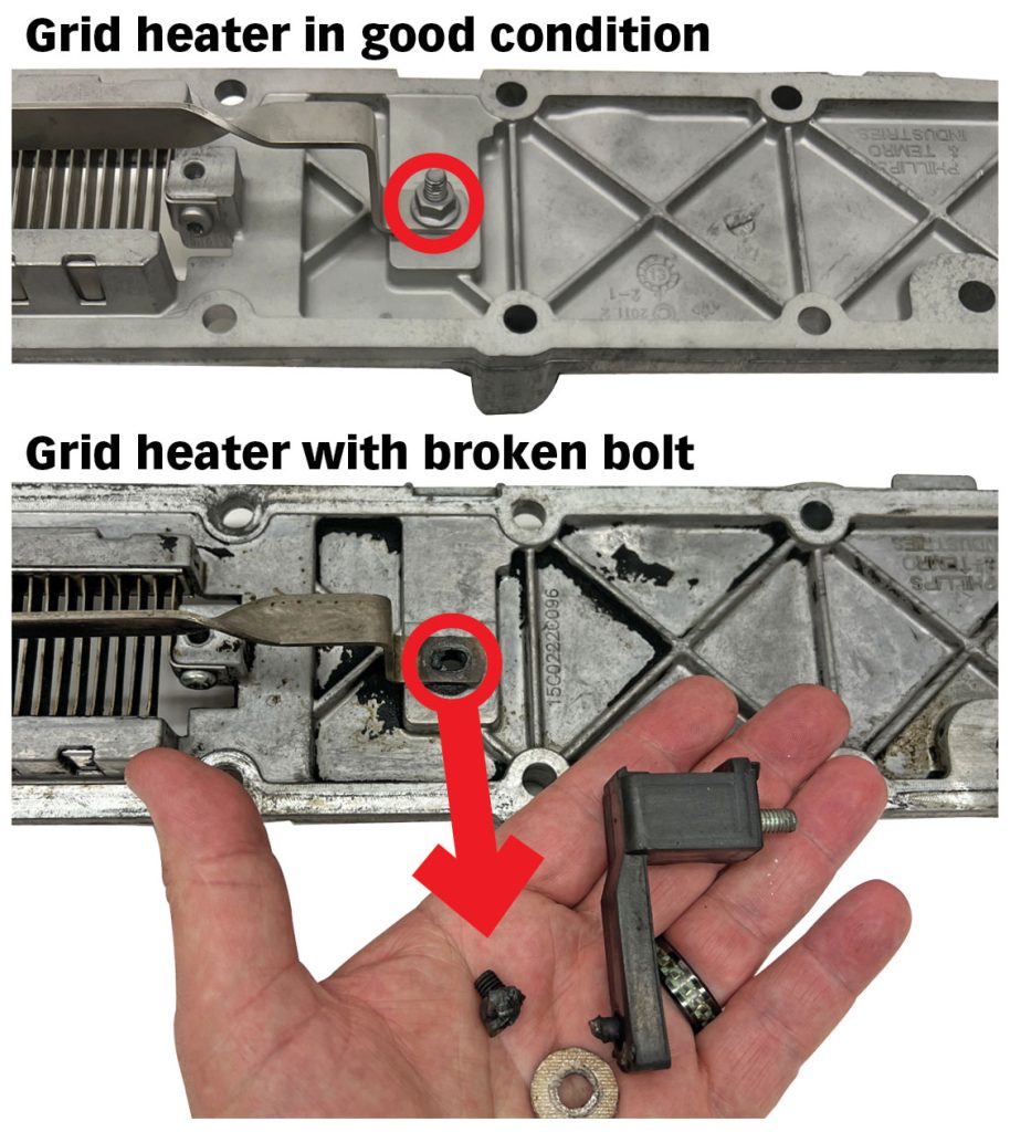 Broken Ram 6.7L grid heater bolt in palm of hand below new, intact grid heater.