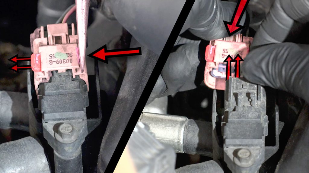 Slide pink clip and depress the rear of the 3rd plug. 