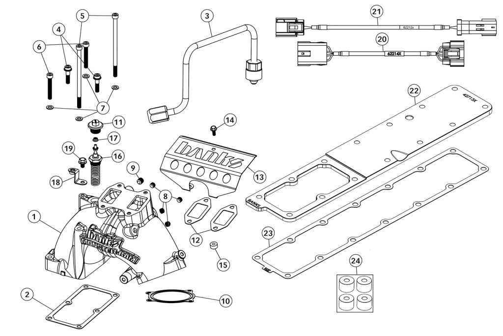 CAD diagram of the parts included in 2007-2018 Banks Monster-Ram kits
