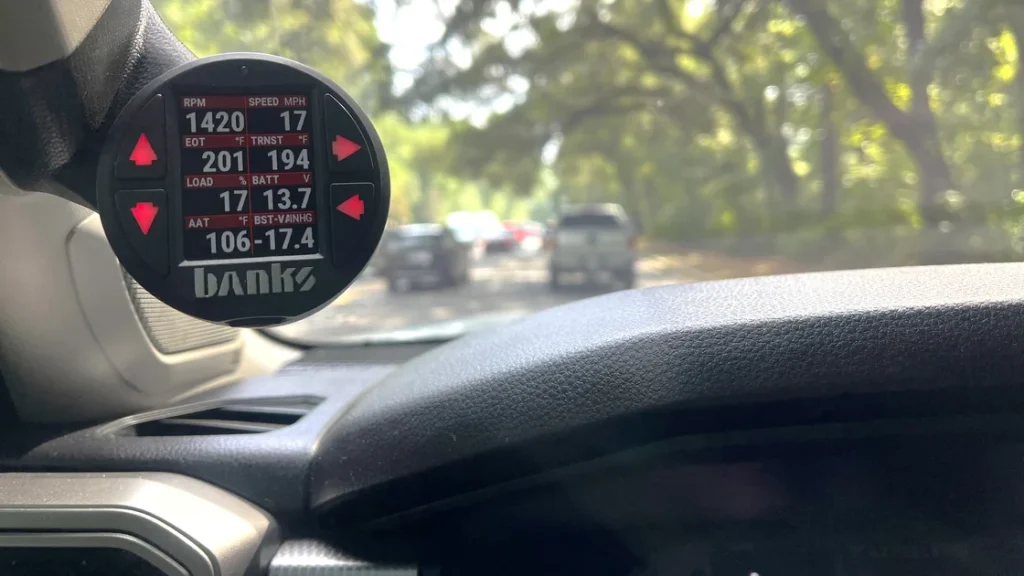 Close-up of iDash Pro digital gauge in Toyota Tundra